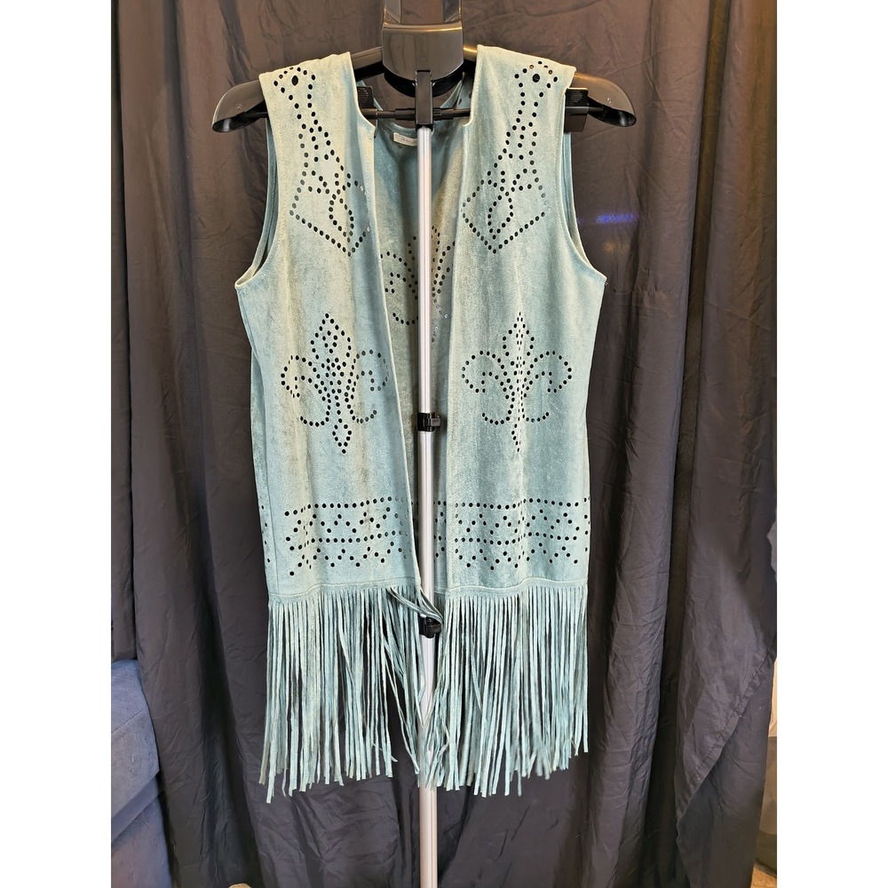 Fleur De Lis Teal Fringe Vest One Size